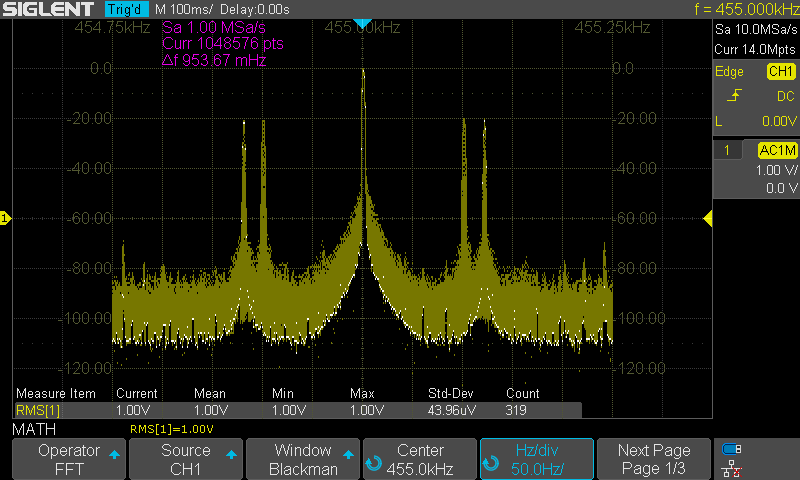 FFT esimerkki 455kHz  AM 20% 120Hz + 100Hz